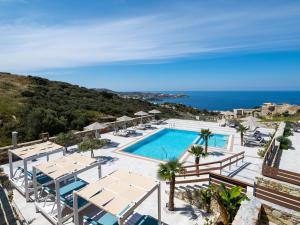 an aerial view of a pool and the ocean at Spiros-Soula Thematic Suites in Agia Pelagia