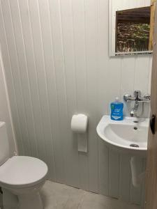 a bathroom with a white toilet and a sink at Delightful Beach & Forest Caravan in Chernomorets