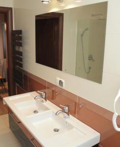 a bathroom with a white sink and a mirror at Karla, apartamenty i pokoje w Dębkach in Dębki
