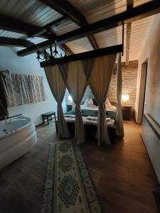 1 dormitorio con 1 cama y bañera en una habitación en Vila Maria Săsciori Sebeş en Săsciori