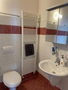a bathroom with a white toilet and a sink at La baita di Niki in Tonezza del Cimone
