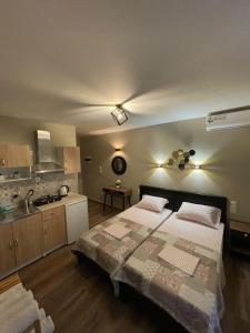 a bedroom with a large bed and a kitchen at Villa Rafailia in Olympiaki Akti