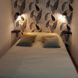 een bed met 2 kussens in een slaapkamer met een muur bij studio avec terrasse au calme in Jayat