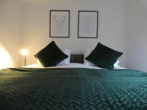 a bedroom with a bed with two green pillows at Skipton Lodge in Billingham