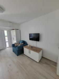 a living room with a blue couch and a flat screen tv at Budva Gate in Budva