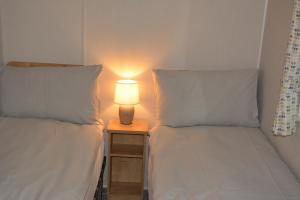 two beds in a room with a lamp on a table at Holiday Home at Cherry Tree Holiday Park 738 in Great Yarmouth
