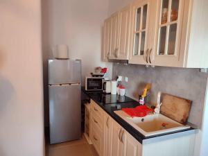 a kitchen with a sink and a refrigerator at Perseids Traditional House in Amorgos
