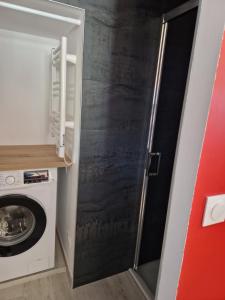 a bathroom with a washing machine and a glass door at STUDIO 2 chez Fred et Val in Embrun