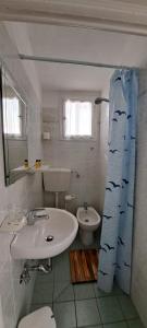 bagno bianco con lavandino e servizi igienici di Hotel Canarco a Viareggio