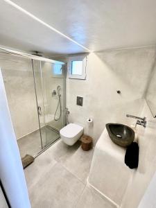 a bathroom with a shower and a sink and a toilet at Mykonos Eight in Mýkonos City