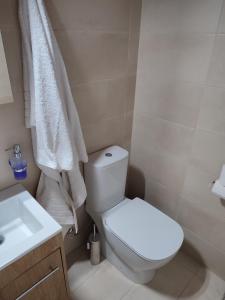 een badkamer met een wit toilet en een wastafel bij Perseids Traditional House in Amorgós