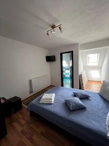 sypialnia z niebieskim łóżkiem w pokoju w obiekcie Casa Mihai și Clara w mieście Călimăneşti