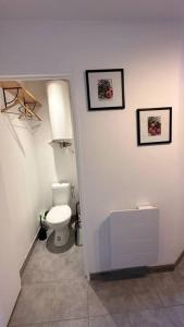 uma casa de banho com WC e duas fotografias na parede em Studio en ville em Nevers