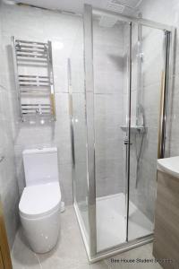 萊斯特的住宿－Leicester City Apartments，一间带卫生间和玻璃淋浴间的浴室