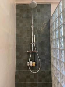 a shower in a bathroom with a gray tiled wall at Quinta do Areal in Lousã