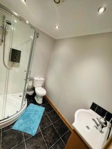 La salle de bains est pourvue d'une douche, d'un lavabo et de toilettes. dans l'établissement The Old Salt House, Flat1, à Wick