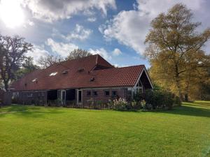 B&B Grevenberg في Oosterhesselen: منزل بسقف احمر على ارض خضراء