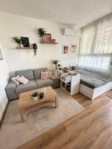 sala de estar con sofá y mesa en Balaton Breeze Apartman, en Fonyód