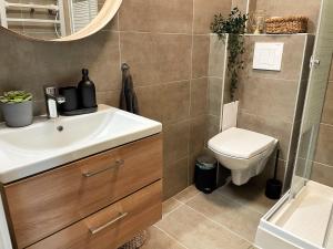 a bathroom with a sink and a toilet and a mirror at Balaton Breeze Apartman in Fonyód