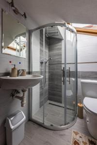 La salle de bains est pourvue d'une douche et d'un lavabo. dans l'établissement Penzion Jas, à Zuberec