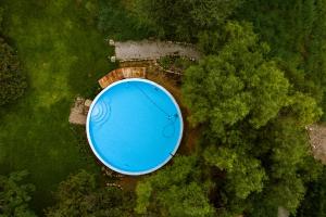 an overhead view of a large blue pool in a forest at Khoi-Khoi Guesthouse in Otavi