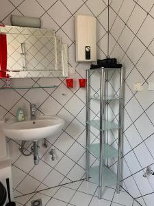 a bathroom with a sink and a mirror at Vierseitenhof Hasenfelde - Kleine Auszeit - 1 Raum Studio in Steinhöfel