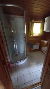 ein Bad mit einer Dusche, einem WC und einem Waschbecken in der Unterkunft Ferienhaus Hensel in Großzerlang