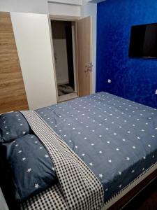 a bedroom with a bed with a blue wall at Tea Apartment in Kumanovo