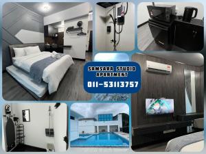 eine Collage mit Bildern eines Zimmers mit einem Bett und einem TV in der Unterkunft SAMSARA Studio Apartment with Pool in Gua Musang