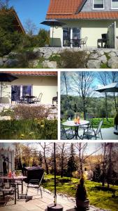 a group of four pictures of a table and chairs at Behagliches Ferienhaus Zaunkönig -mit Kamin und Sauna- Blick über das romantische Bodetal in Tanne