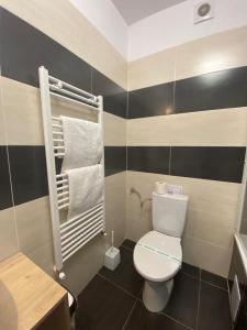 a bathroom with a white toilet and black and white stripes at Dora City Apartament in Cluj-Napoca