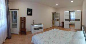 een slaapkamer met een bed, een ladekast en een spiegel bij Klaipeda,Lithuania in Klaipėda