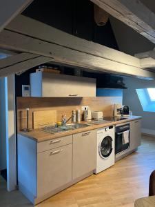 a kitchen with a sink and a washing machine at Duplex atypique au cœur de Mulhouse in Mulhouse