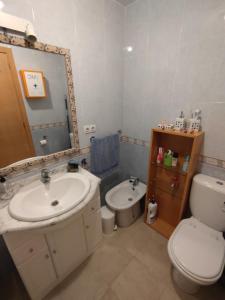 a bathroom with a sink and a toilet and a mirror at Apartamento Ático Laguna Beach Almerimar in Almería