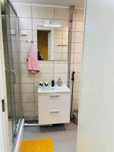 a bathroom with a sink and a shower at Sweet dreams Porvoo in Porvoo