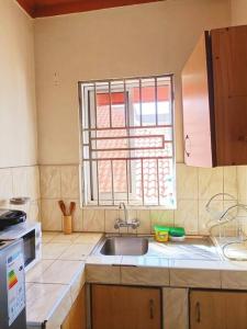 eine Küche mit einem Waschbecken und einem Fenster in der Unterkunft Amaryllis homes , within city centre,near River Nile in Jinja