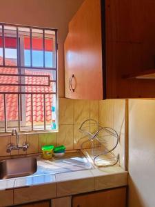 a kitchen counter with a sink and a window at Amaryllis homes , within city centre,near River Nile in Jinja