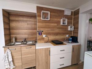 cocina con fregadero y paredes de madera en Sweety-Apartman en Mátészalka