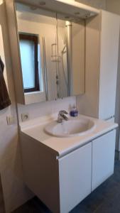 uma casa de banho com um lavatório branco e um espelho. em Village U33 em Jabbeke