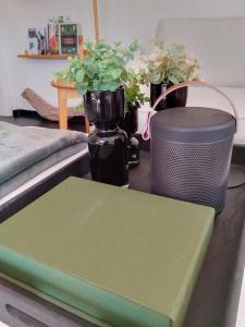 ストックホルムにあるDet Vita Husetの鉢植え2本の緑のカウンタートップ付きテーブル