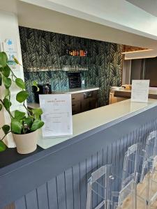 un comptoir dans un restaurant avec une plante en pot dans l'établissement The Originals City, Hôtel Solana, Niort Est MendesFrance, à Niort