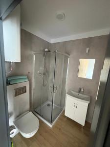 a bathroom with a shower and a toilet and a sink at Apartamenty Dębina 300m do plaży in Debina +22 photos