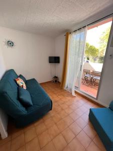 salon z niebieską kanapą i przesuwanymi szklanymi drzwiami w obiekcie Studio Mer et Vacances w mieście Sausset-les-Pins +4 zdjęcia