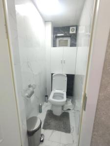 a small bathroom with a toilet and a trash can at Small house in a centr in Dushanbe