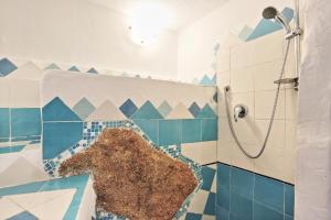 a bathroom with blue and white tiles and a shower at MaryLou by DomusAway in Monte Petrosu