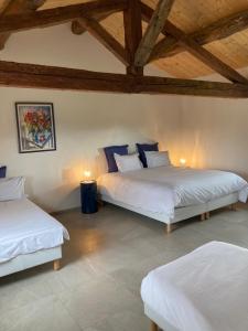 two beds in a room with wooden ceilings at Gîtes Du Mas de Surlan in Chantemerle-les-Blés