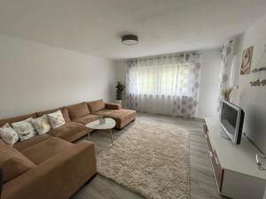 ein Wohnzimmer mit einem Sofa und einem TV in der Unterkunft Natalie in Münsingen
