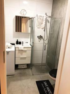 uma casa de banho com um chuveiro, um WC e um lavatório. em Apartimento Hydral Fiori em Breslávia