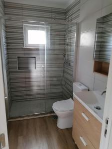 uma casa de banho com um chuveiro, um WC e um lavatório. em Baleal Atlantic Villa no Baleal