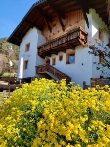 un bâtiment avec des fleurs jaunes devant lui dans l'établissement Wieserhof Tirol, à Oetz